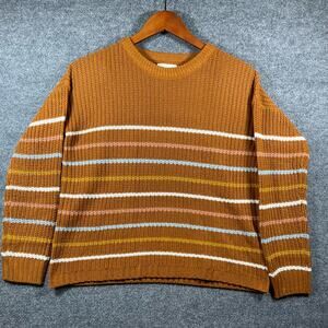 Pink Rose Knit Sweater Women's Large Brown Striped Long Sleeve Acrylic